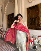 Ivory Cosmo Tissue Handwork Buti Kurta Set with Contrast Tissue Dupatta