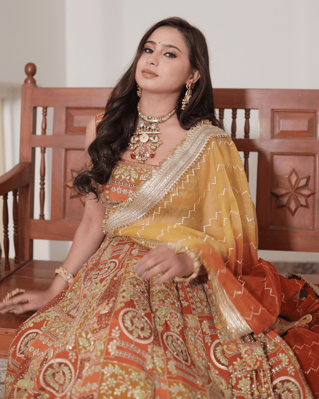 Orange Jhrokha Pattern Lehenga