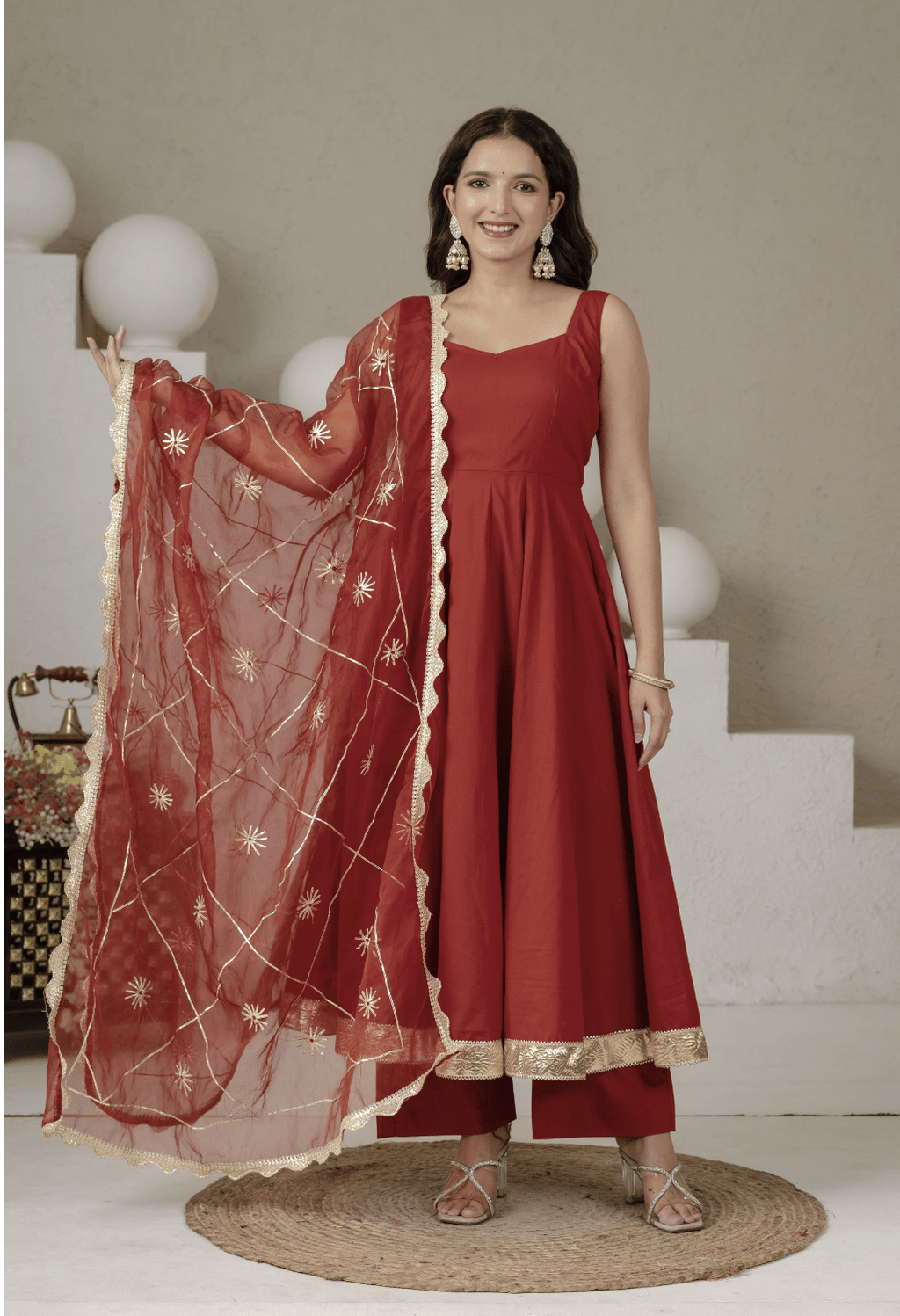 Noor Rust Cotton Anarkali Suit Set with Organza Gota Patti Dupatta