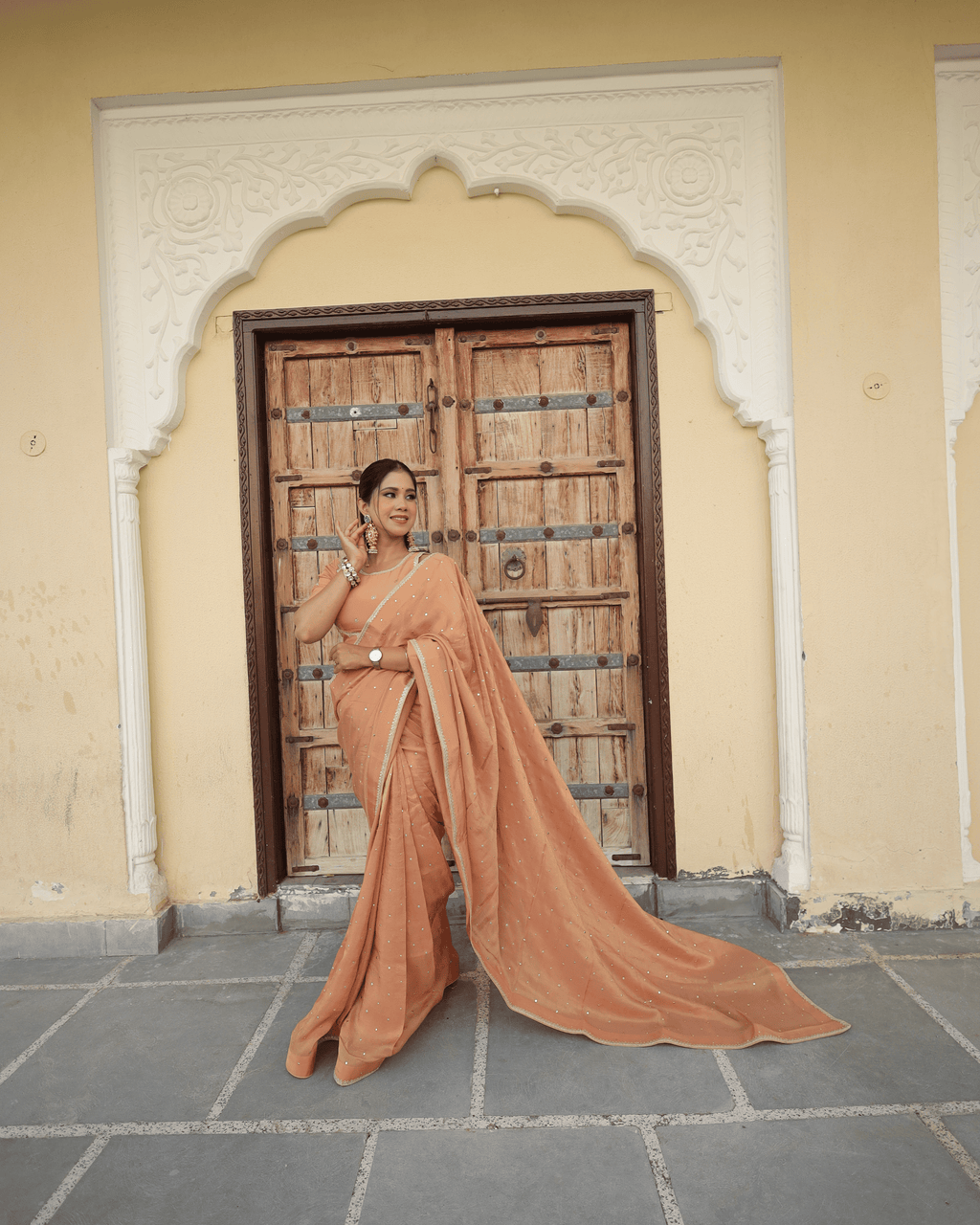 Peach Mukesh Work Cosmo Saree with unstitched blouse piece