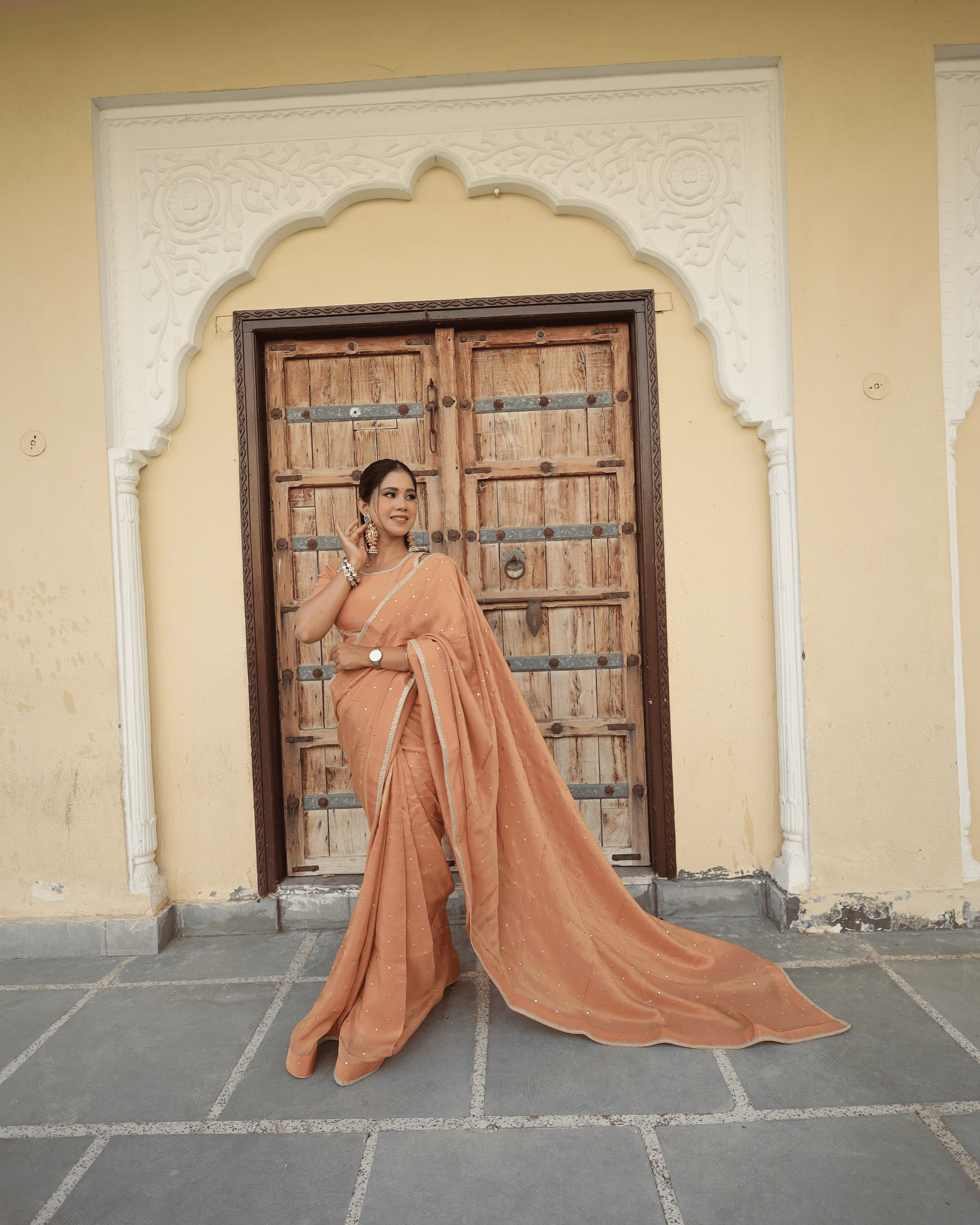Peach Mukesh Work Cosmo Saree with unstitched blouse piece
