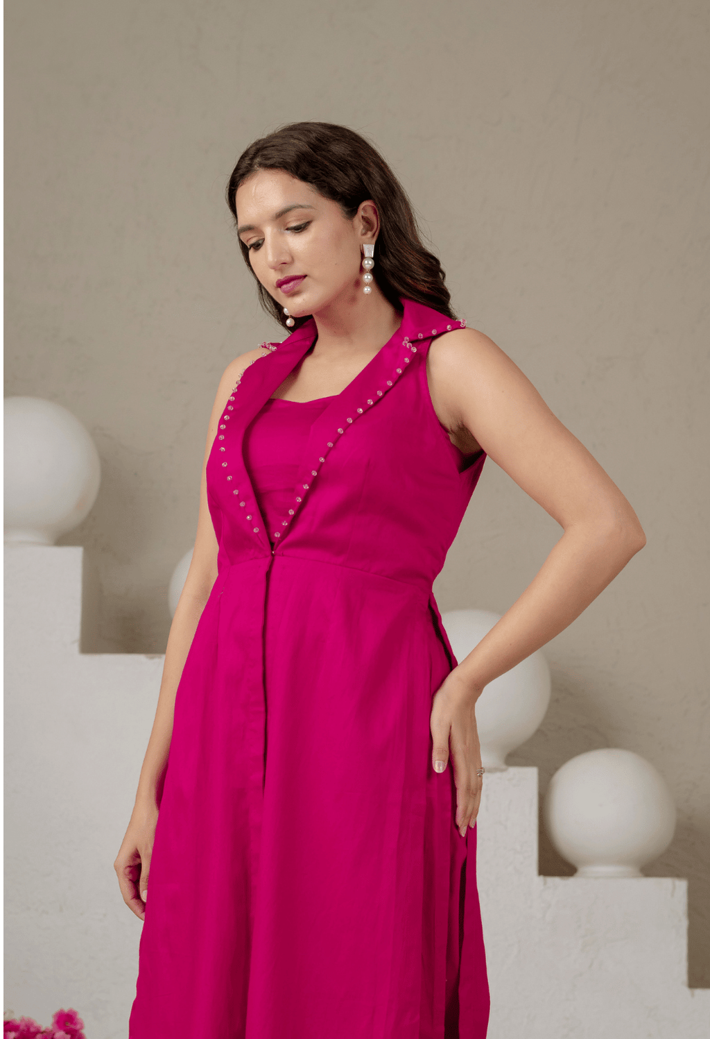 Aura Fuchsia Pink Jaam Cotton Co-Ord Set with Long Blazer, Bustier & Pants