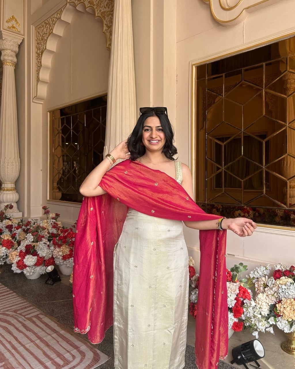 Ivory Cosmo Tissue Handwork Buti Kurta Set with Contrast Tissue Dupatta