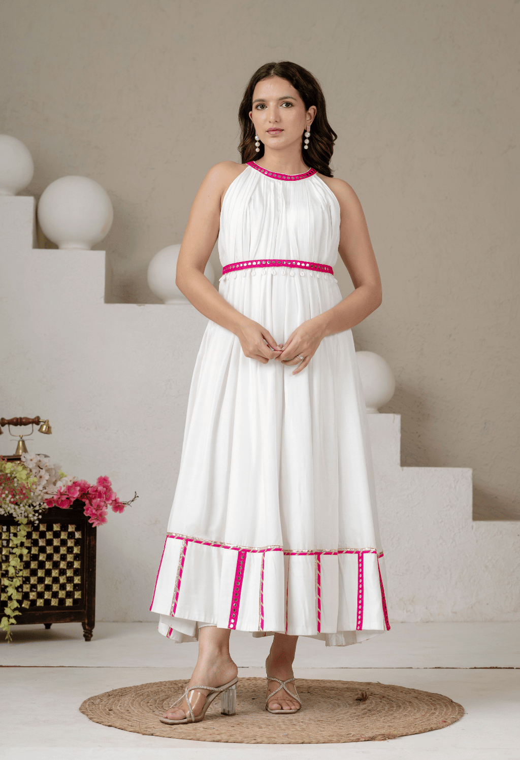 Meher White Pure Mul Cotton Full Flare Halter Neck Dress with Pink Lace Detailing