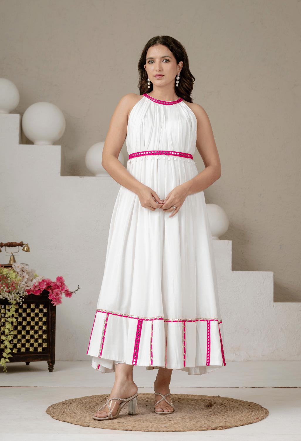 Meher White Pure Mul Cotton Full Flare Halter Neck Dress with Pink Lace Detailing