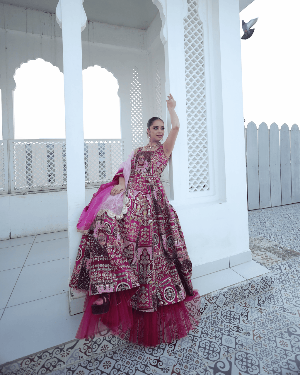 Rani Pink Jhrokha Designer Gown Set