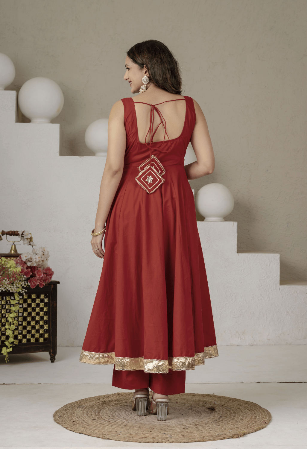 Noor Rust Cotton Anarkali Suit Set with Organza Gota Patti Dupatta