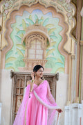 Pink Embroidered Anarkali Kurta Set with Dupatta | V-Neck | Flared Ethnic Suit for Festive & Party Wear