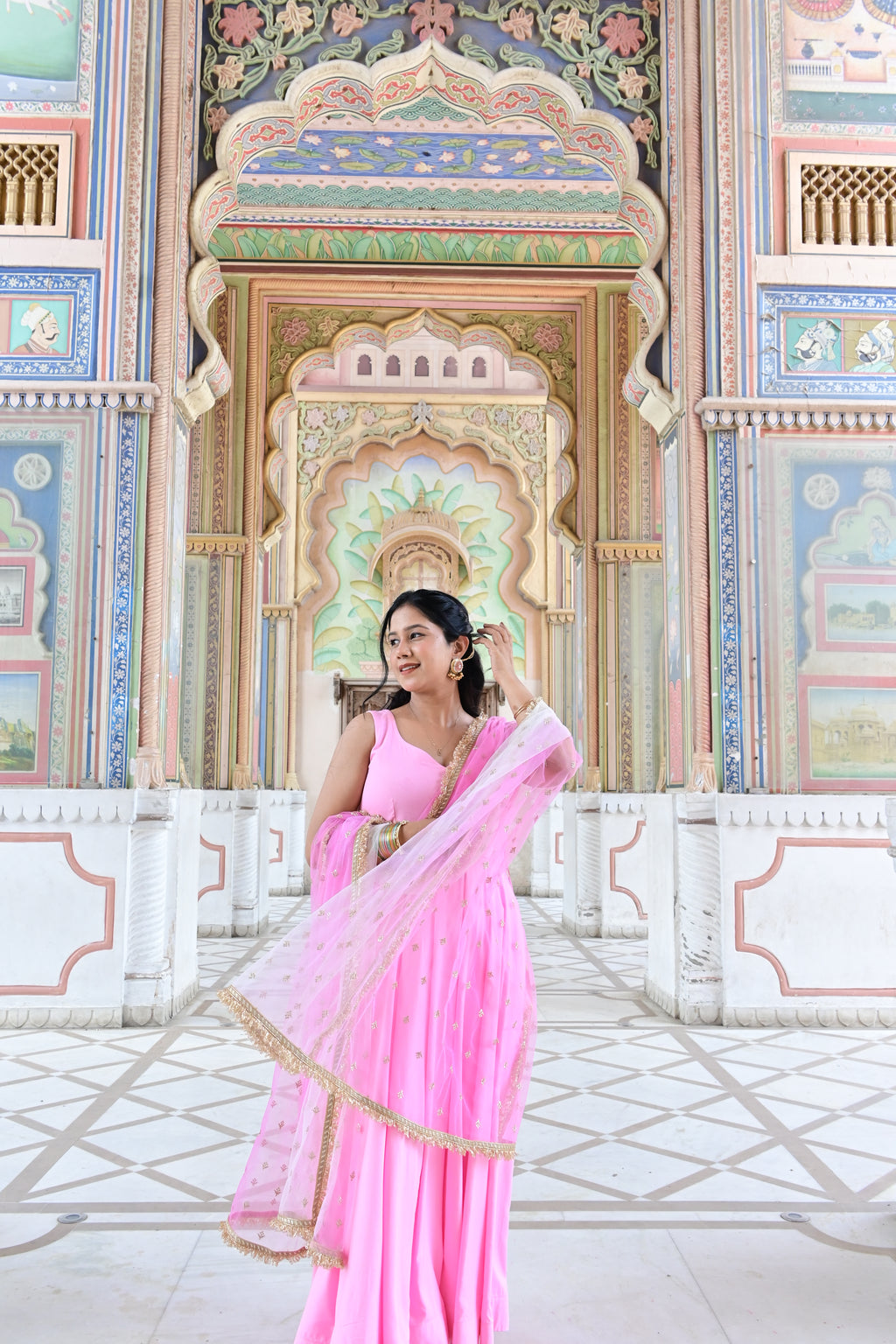 Pink Embroidered Anarkali Kurta Set with Dupatta | V-Neck | Flared Ethnic Suit for Festive & Party Wear