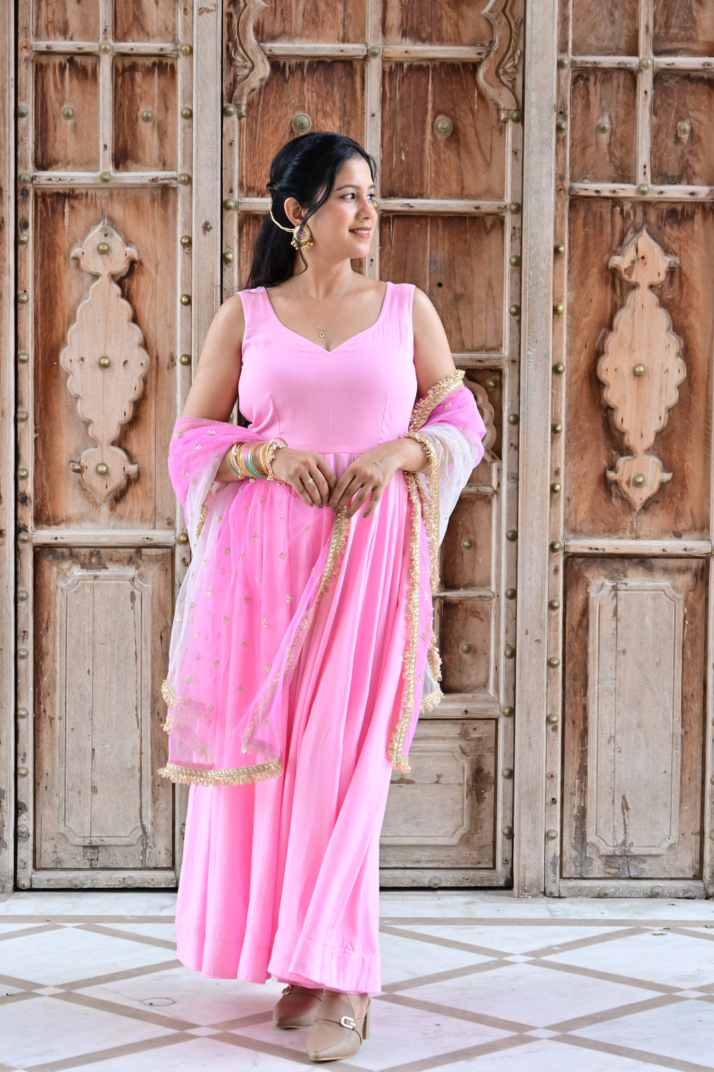 Pink Embroidered Anarkali Kurta Set with Dupatta | V-Neck | Flared Ethnic Suit for Festive & Party Wear