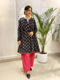 Cotton Short Black Anarkali With Ivory and Pink Farsi Salwar