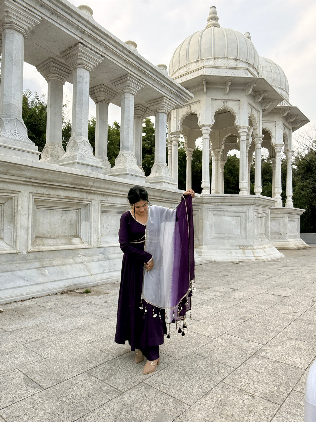 Purple Anarkali Kurta Set with Ombre Dupatta | V-Neck | Flared Ethnic Suit for Festive & Party Wear