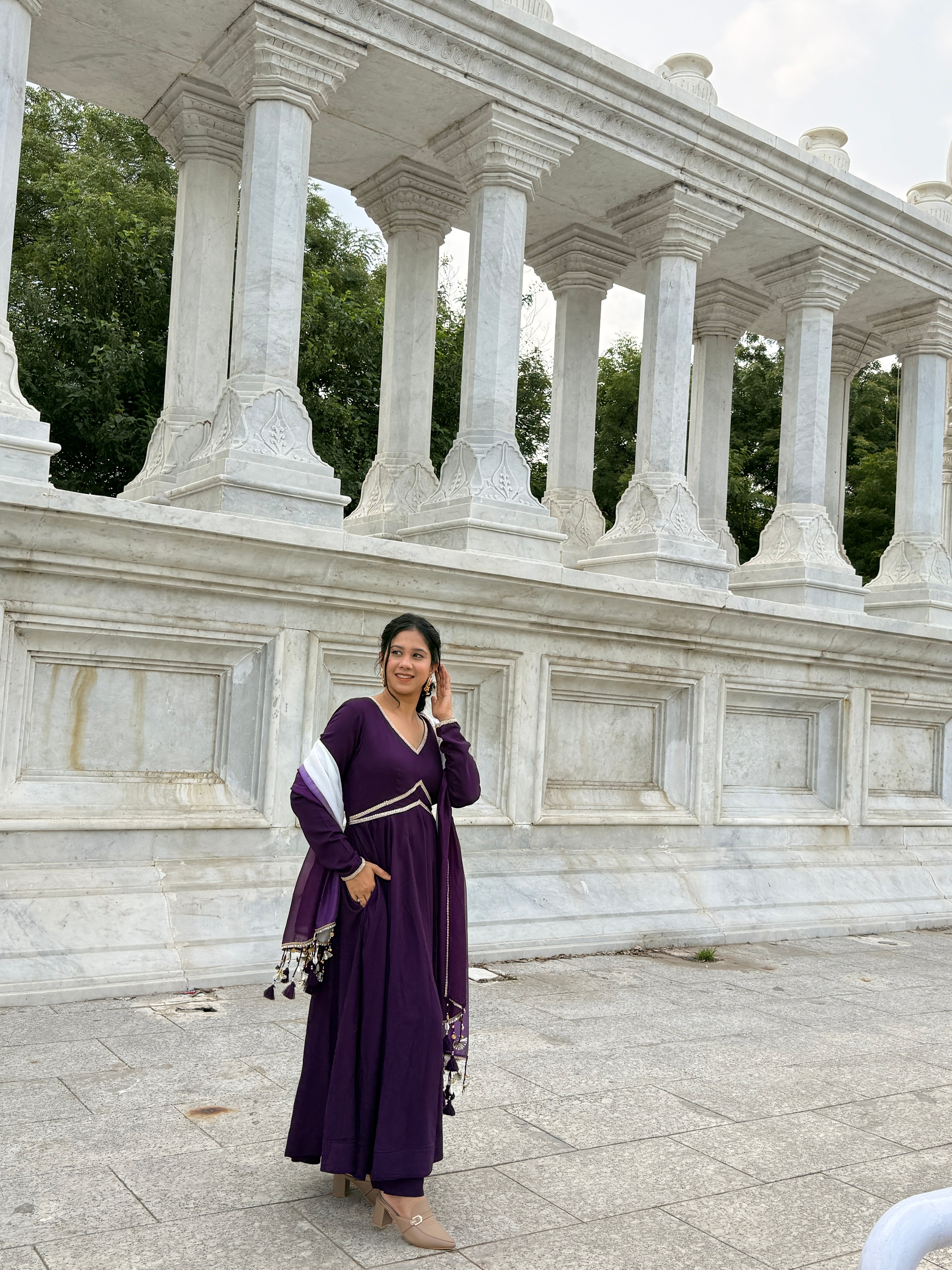 Purple Anarkali Kurta Set with Ombre Dupatta | V-Neck | Flared Ethnic Suit for Festive & Party Wear