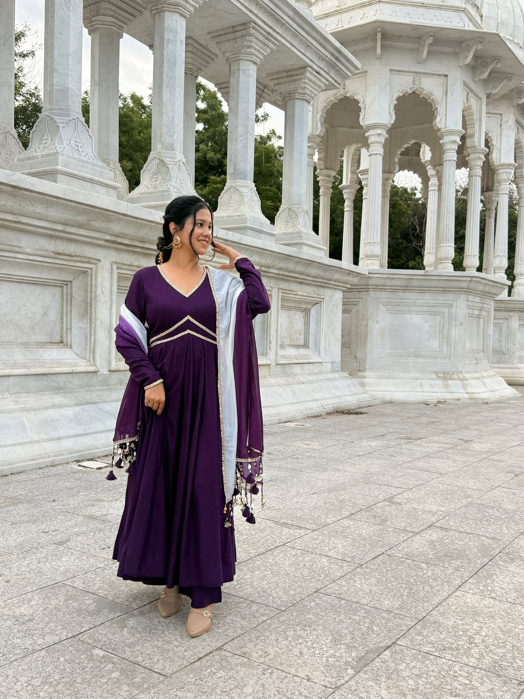 Purple Anarkali Kurta Set with Ombre Dupatta | V-Neck | Flared Ethnic Suit for Festive & Party Wear