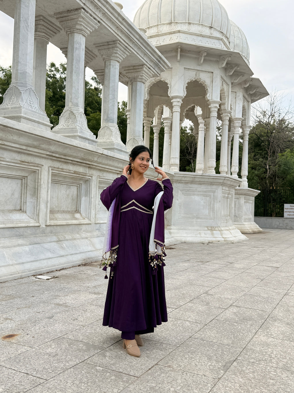 Purple Anarkali Kurta Set with Ombre Dupatta | V-Neck | Flared Ethnic Suit for Festive & Party Wear