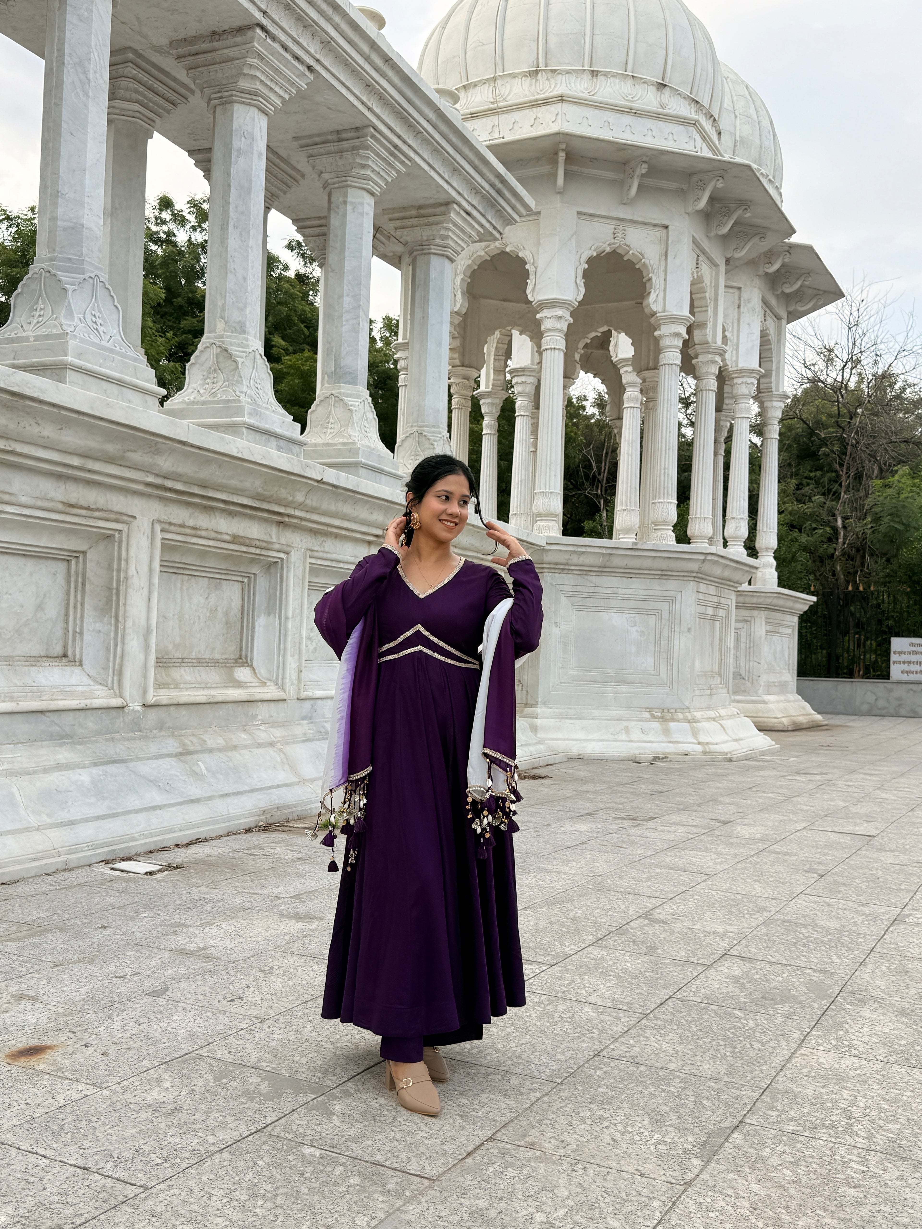 Purple Anarkali Kurta Set with Ombre Dupatta | V-Neck | Flared Ethnic Suit for Festive & Party Wear