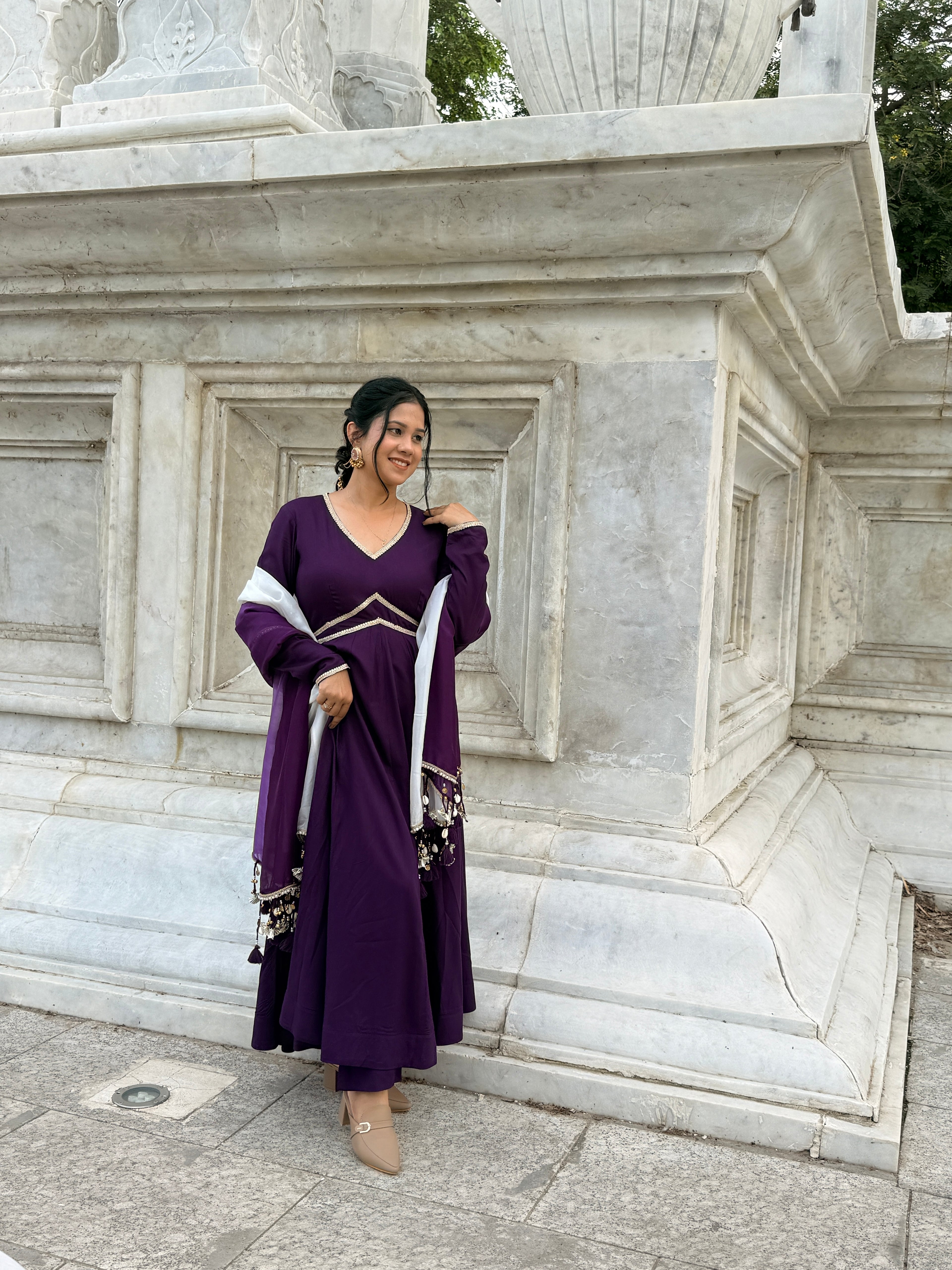 Purple Anarkali Kurta Set with Ombre Dupatta | V-Neck | Flared Ethnic Suit for Festive & Party Wear