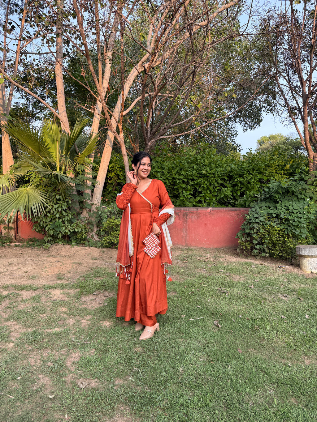 Rust Orange Anarkali Suit Set with Ombre Dupatta & Potli Bag | Elegant Festive Ethnic Wear for Women