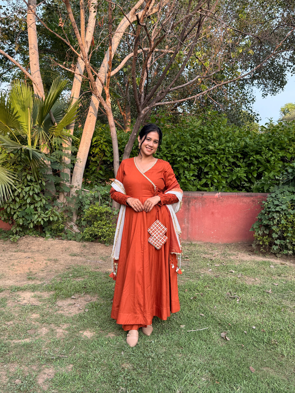 Rust Orange Anarkali Suit Set with Ombre Dupatta & Potli Bag | Elegant Festive Ethnic Wear for Women
