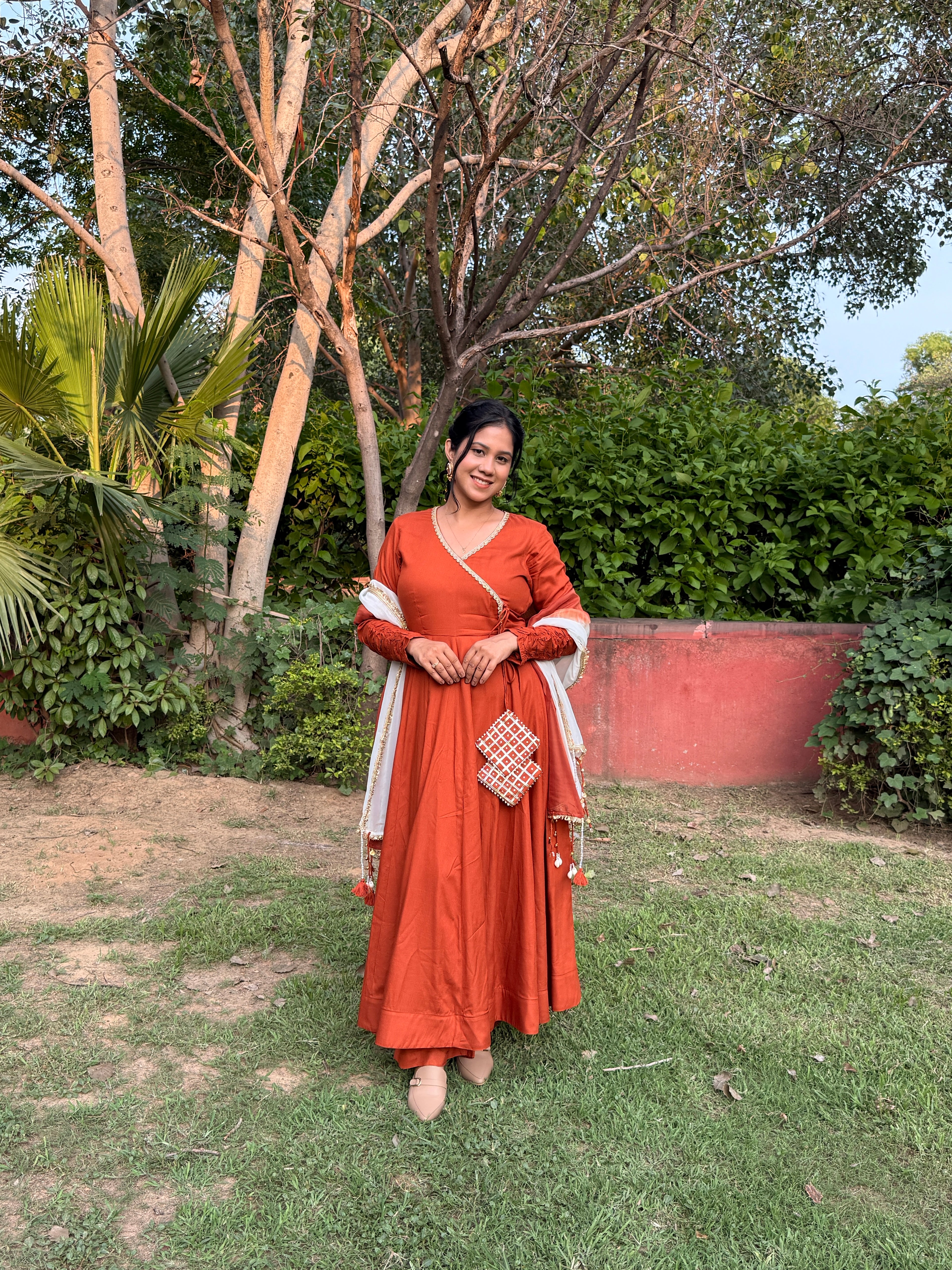 Rust Orange Anarkali Suit Set with Ombre Dupatta & Potli Bag | Elegant Festive Ethnic Wear for Women