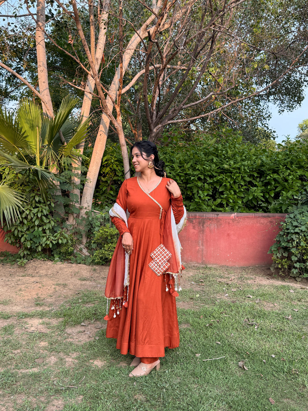 Rust Orange Anarkali Suit Set with Ombre Dupatta & Potli Bag | Elegant Festive Ethnic Wear for Women