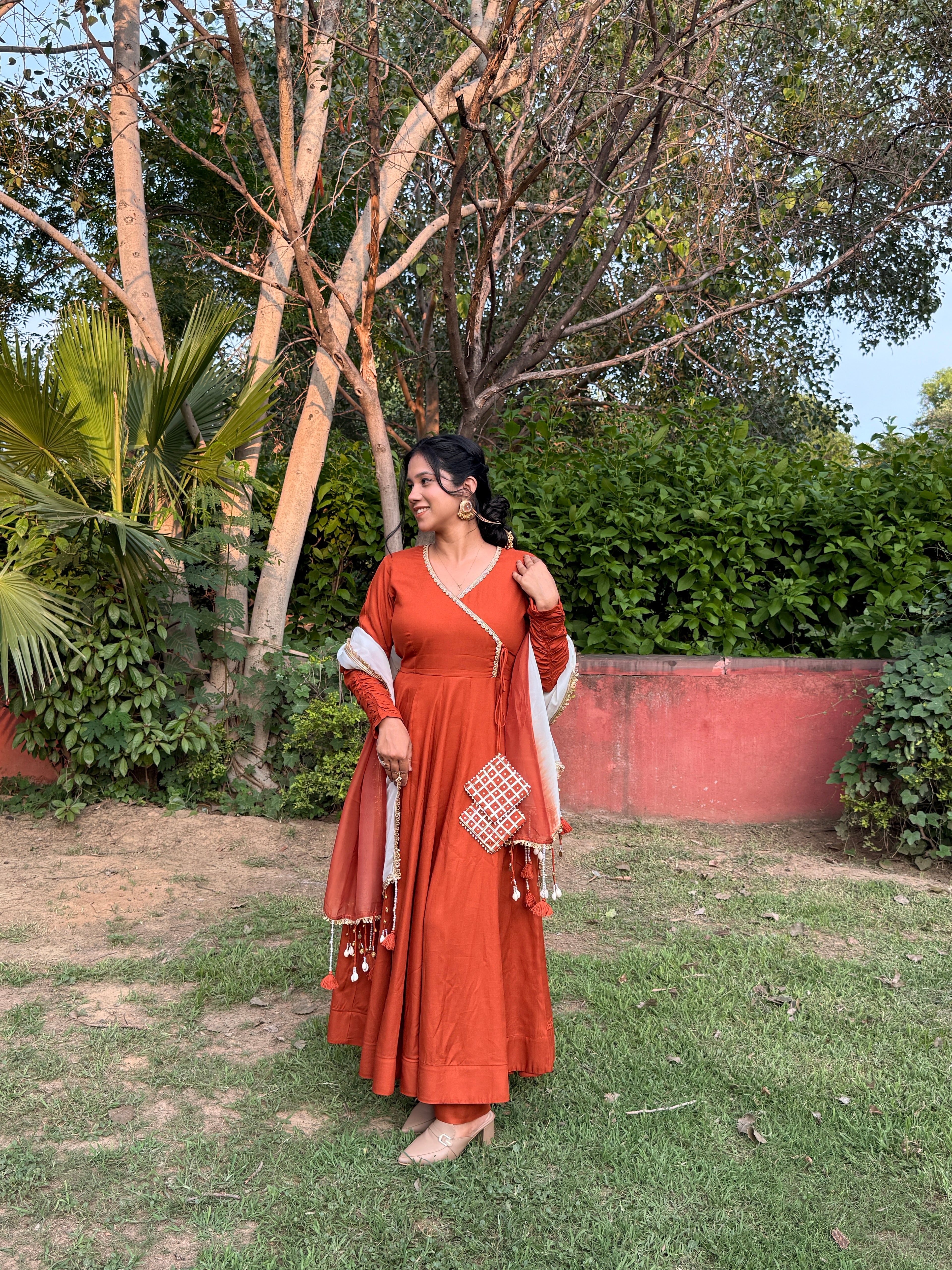 Rust Orange Anarkali Suit Set with Ombre Dupatta & Potli Bag | Elegant Festive Ethnic Wear for Women