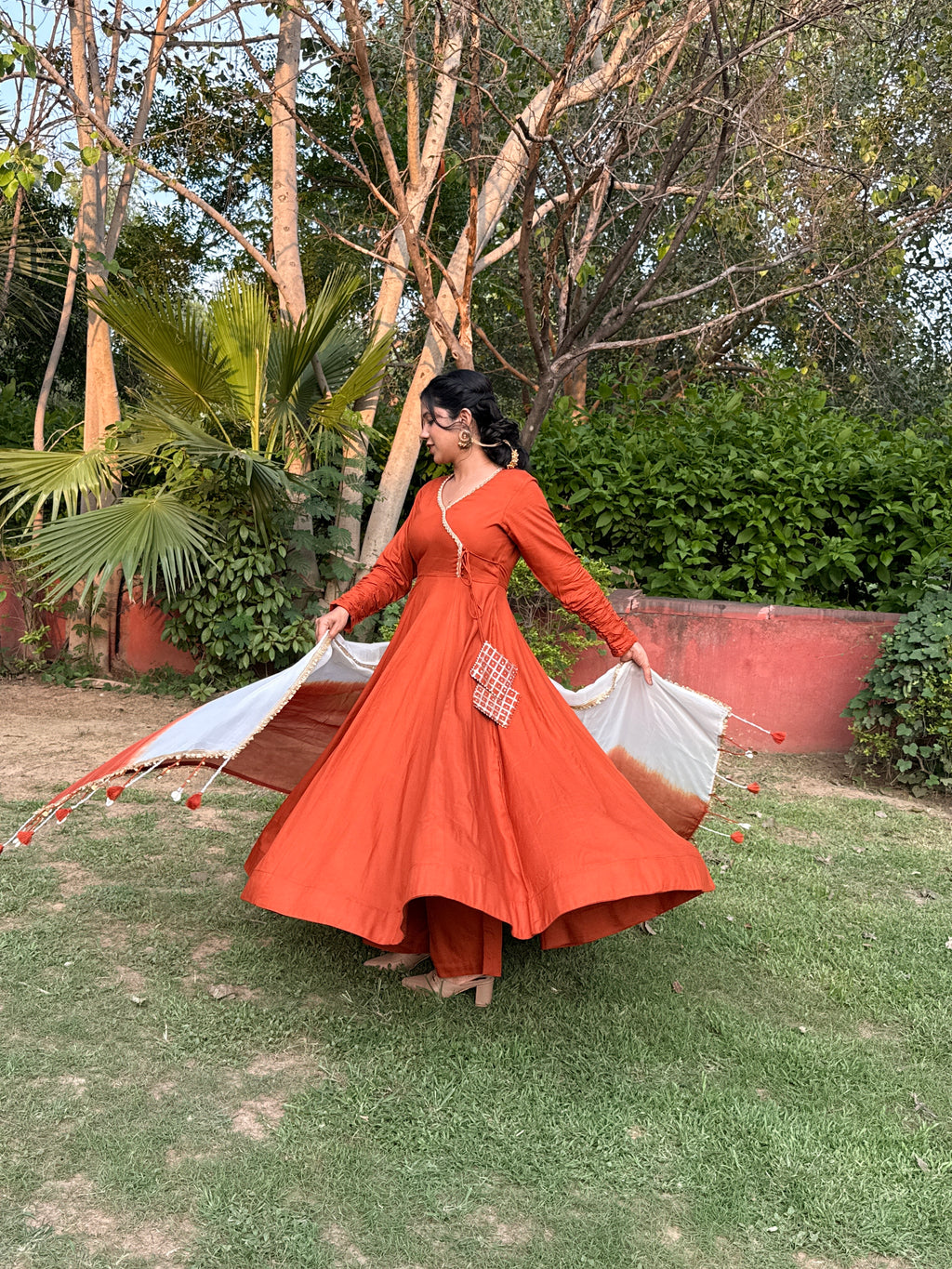Rust Orange Anarkali Suit Set with Ombre Dupatta & Potli Bag | Elegant Festive Ethnic Wear for Women