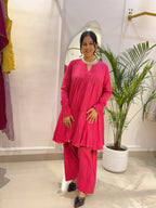 Gulnaar Hot Pink Cotton Kurta with Pink and Green Printed Farshi Salwar Set