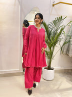 Gulnaar Hot Pink Cotton Kurta with Pink and Green Printed Farshi Salwar Set