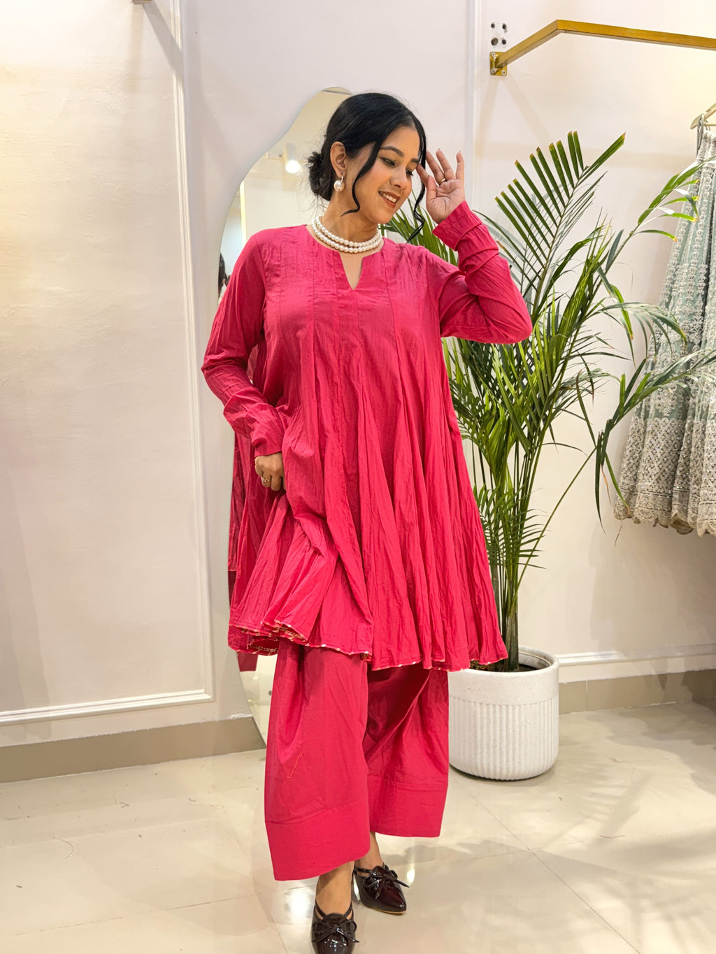 Gulnaar Hot Pink Cotton Kurta with Pink and Green Printed Farshi Salwar Set