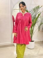 Gulnaar Hot Pink Cotton Kurta with Pink and Green Printed Farshi Salwar Set