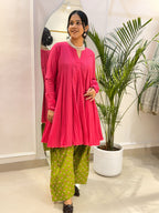 Gulnaar Hot Pink Cotton Kurta with Pink and Green Printed Farshi Salwar Set