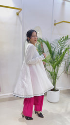 Ivory White Short Anarkali with Rani Pink Cotton Farshi Salwar