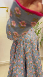 Sky Blue Floral Short Anarkali with Ivory Cotton Farshi Salwar