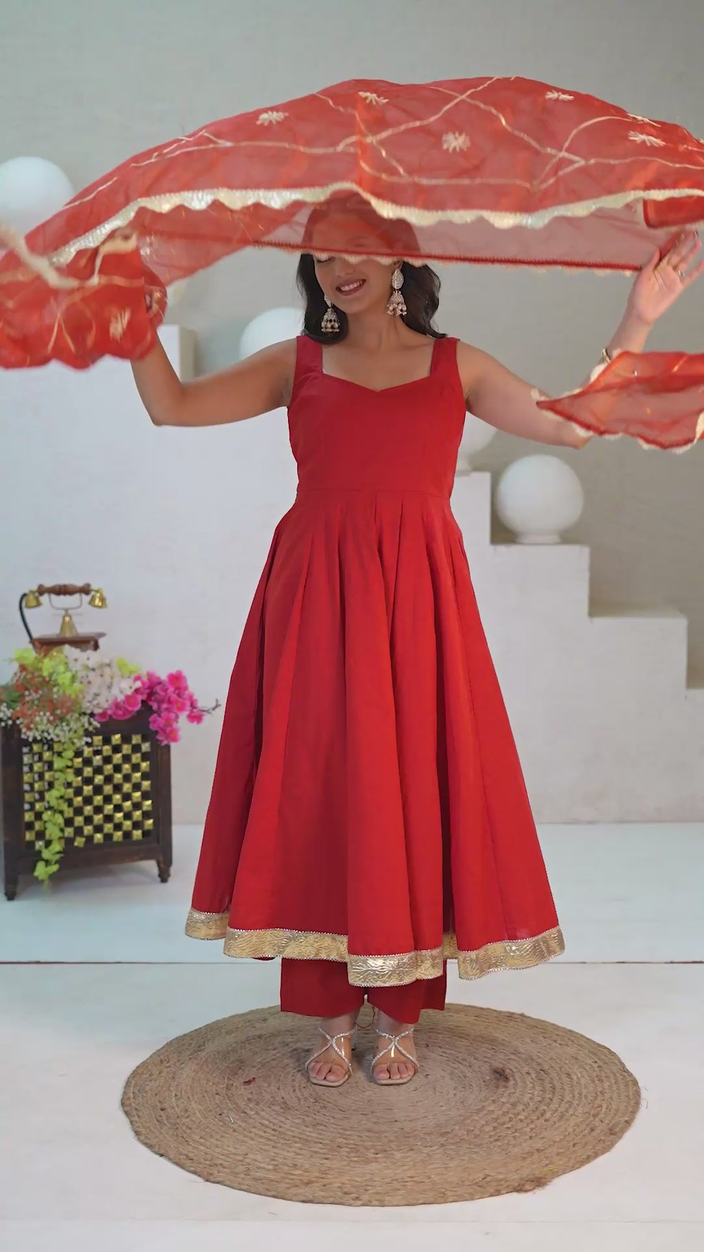 Noor Rust Cotton Anarkali Suit Set with Organza Gota Patti Dupatta
