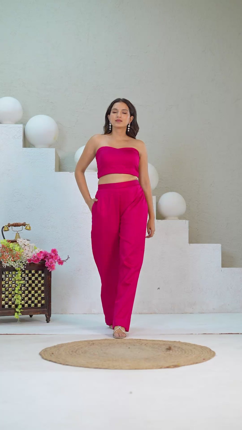 Aura Fuchsia Pink Jaam Cotton Co-Ord Set with Long Blazer, Bustier & Pants