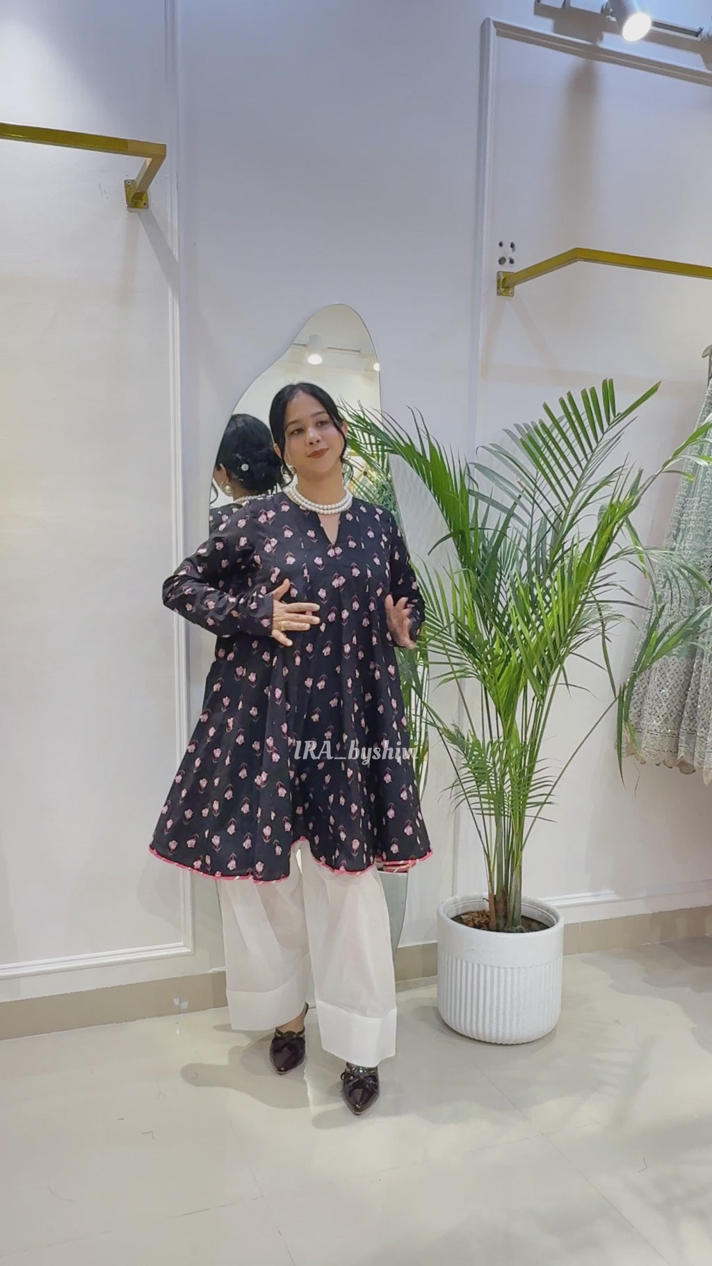 Cotton Short Black Anarkali With Ivory and Pink Farsi Salwar