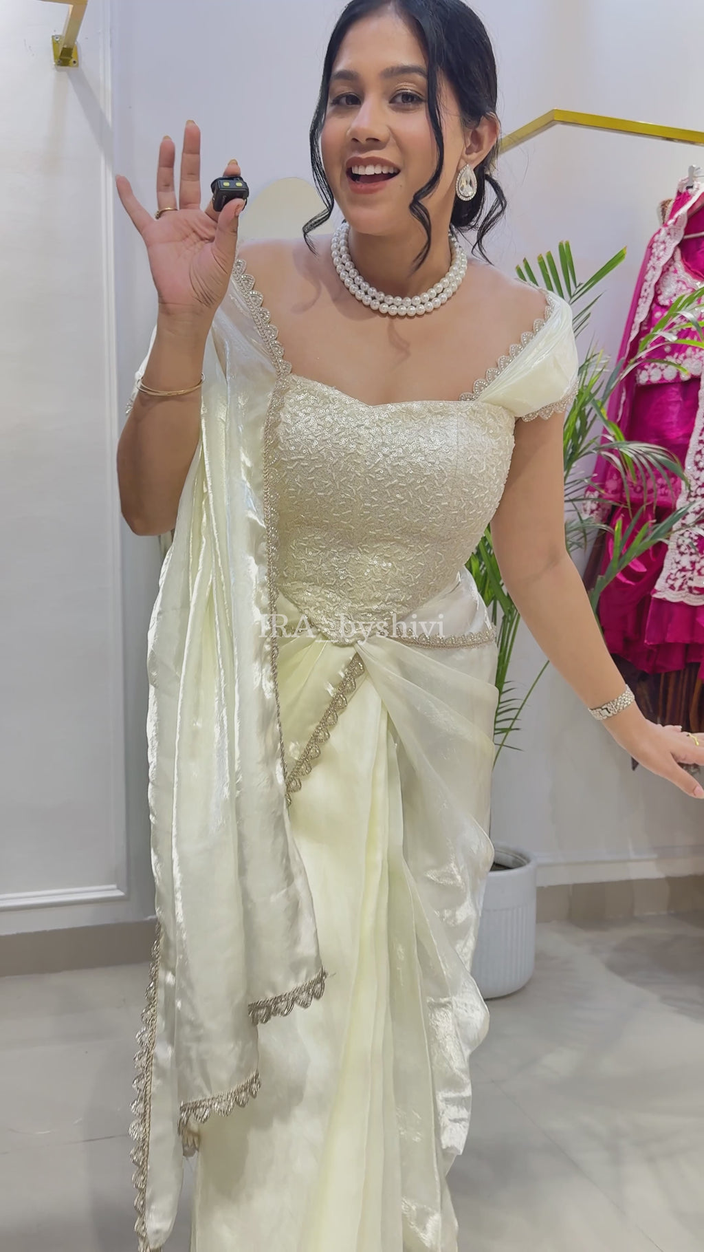 Off White Pre Drape Saree and Corset Blouse
