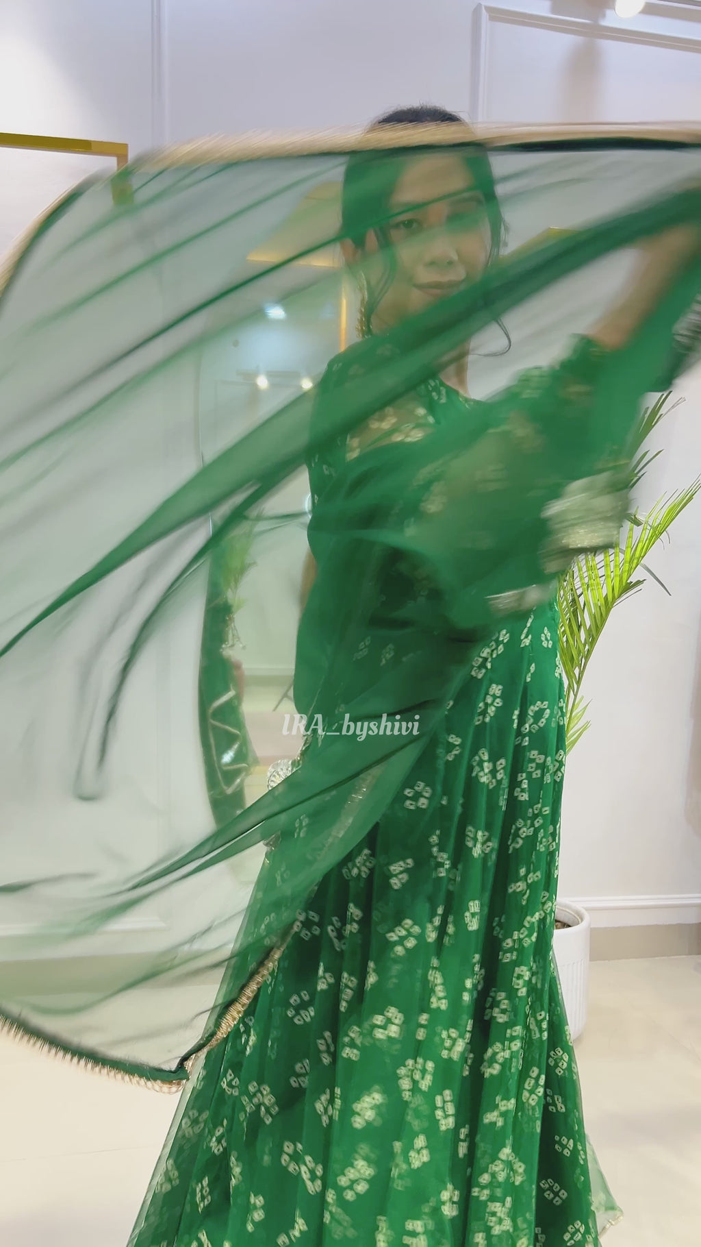 Emerald Bandhej Chiffon Georgette Suit Set with Umbrella Flare Palazzo
