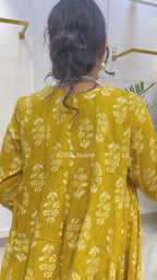 Mustard Yellow Floral Short Anarkali with Ivory Cotton Farshi Salwar