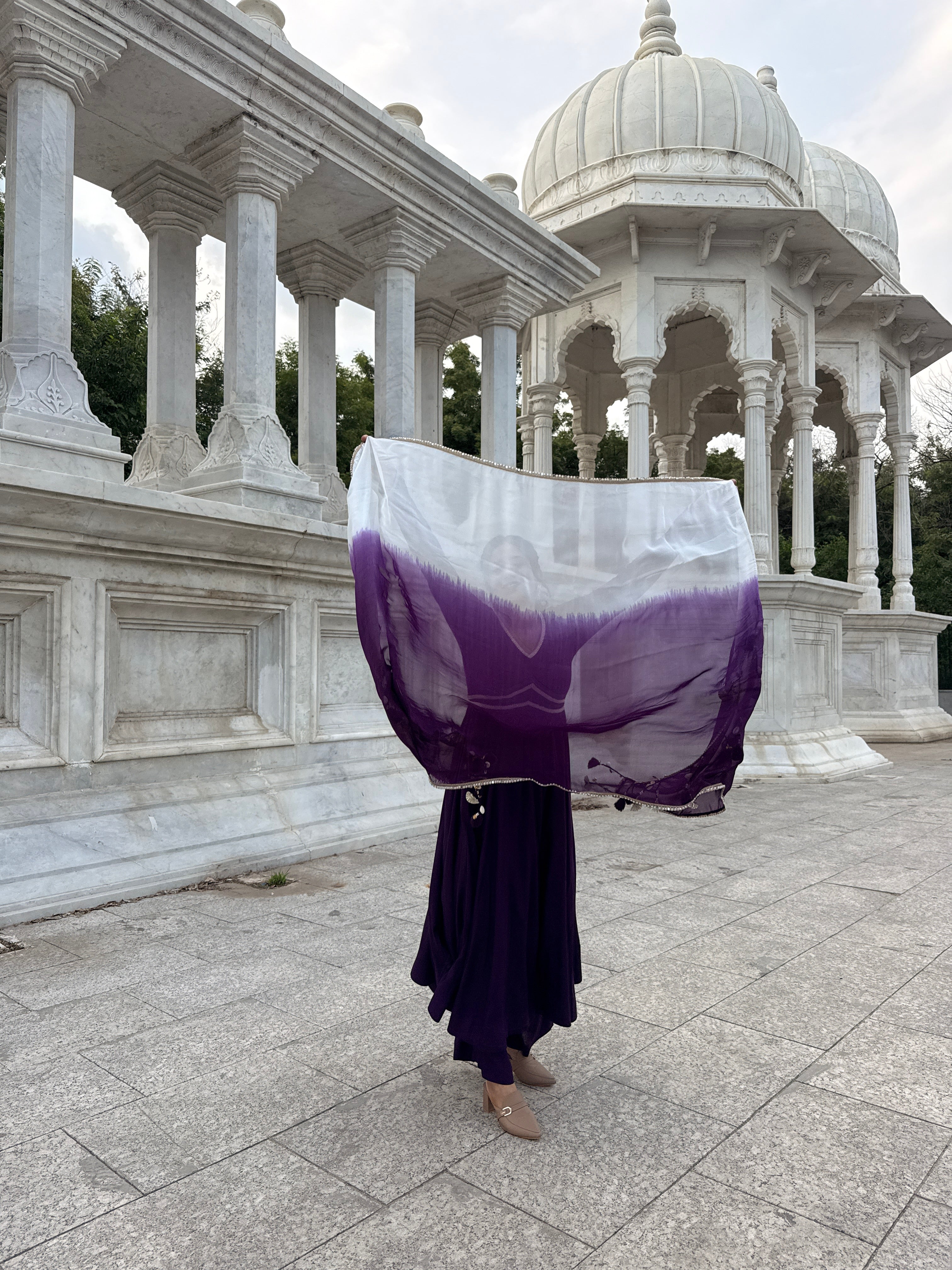 Purple Anarkali Kurta Set with Ombre Dupatta | V-Neck | Flared Ethnic Suit for Festive & Party Wear