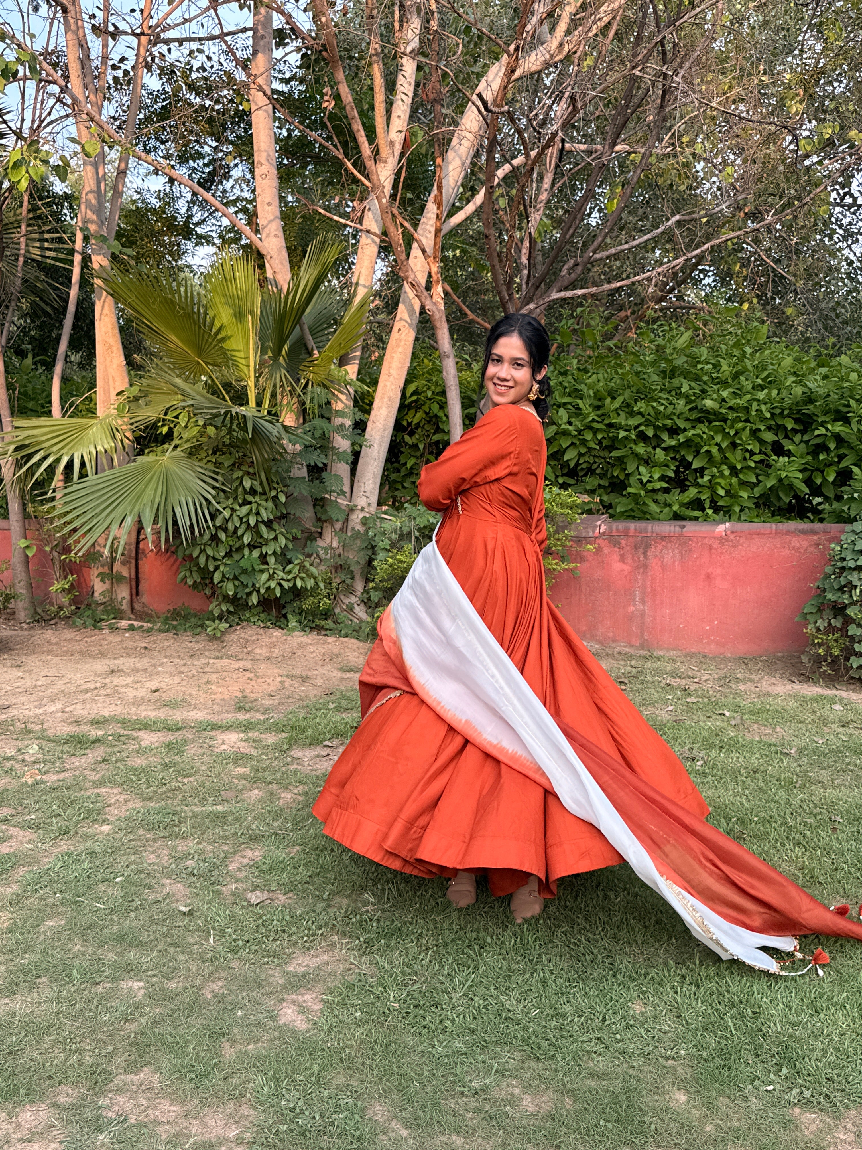 Rust Orange Anarkali Suit Set with Ombre Dupatta & Potli Bag | Elegant Festive Ethnic Wear for Women