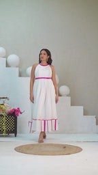 Meher White Pure Mul Cotton Full Flare Halter Neck Dress with Pink Lace Detailing