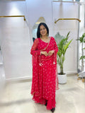 Red Bandhej Chiffon Georgette Suit Set with Umbrella Flare Palazzo